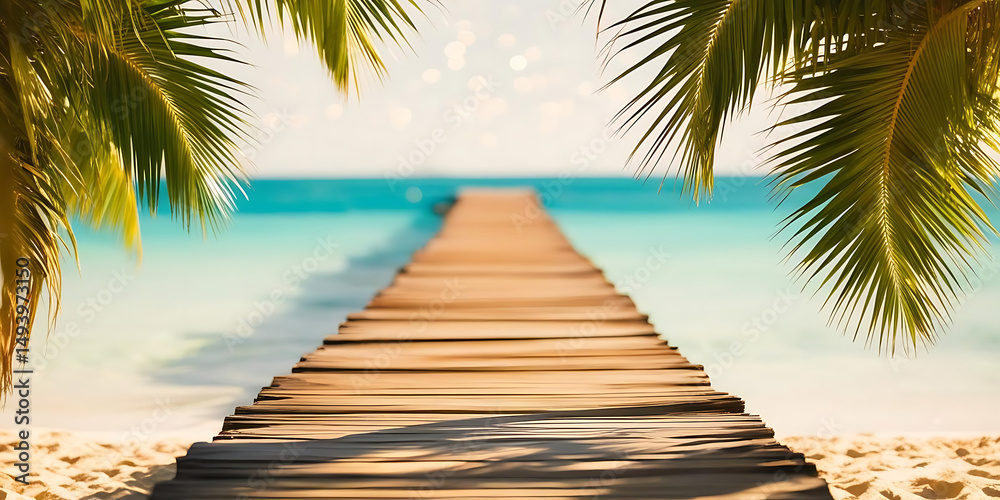 Obraz premium Vibrant Tropical Scene Featuring Pier, Palm Leaves, and Calm Sea