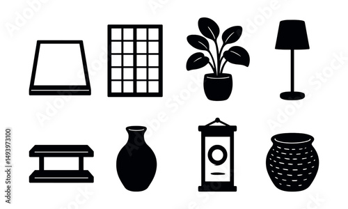 Home decor silhouette icons set. interior design and decoration symbols