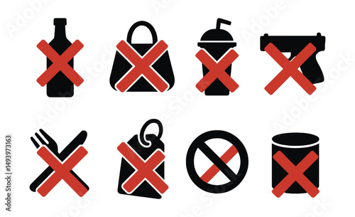 Prohibited items silhouette icons set. forbidden and restricted symbols collection