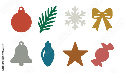 Christmas celebration silhouette icons set: festive, holiday decorations symbols