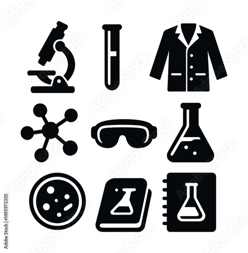 Science and laboratory silhouette icons set. research and experiment essential symbols