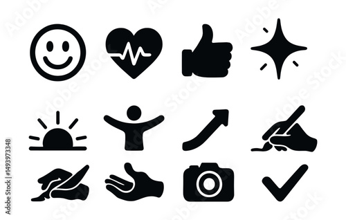 Essential everyday silhouette icons set. daily life and utility symbols