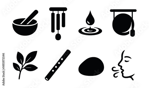 Meditation and mindfulness icons set. relaxation and wellness silhouette symbols