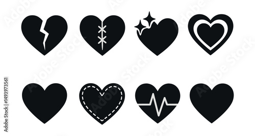 Heart and love silhouette icons set. romance and affection symbols
