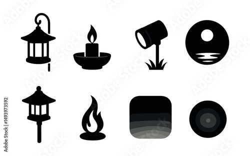 Outdoor light silhouette icons set. garden, lantern, and lamp symbols