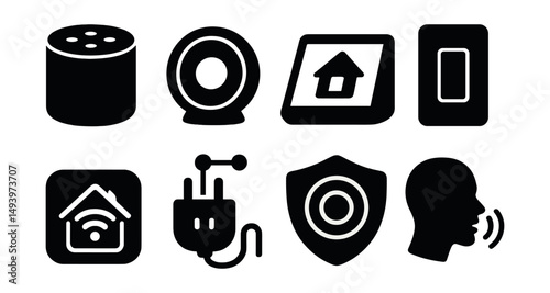 Smart home silhouette icons set. automation and digital assistant symbols