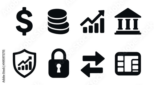 Finance and banking silhouette icons set. money, business, and security symbols