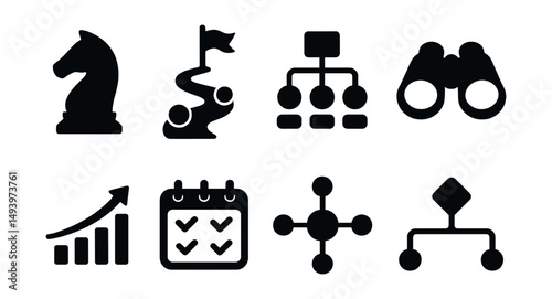 Business strategy silhouette icons set. planning and organization symbols