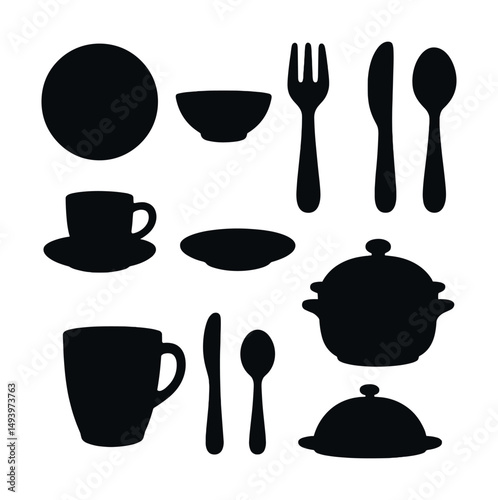 Kitchenware silhouette icons set. utensils and cookware collection