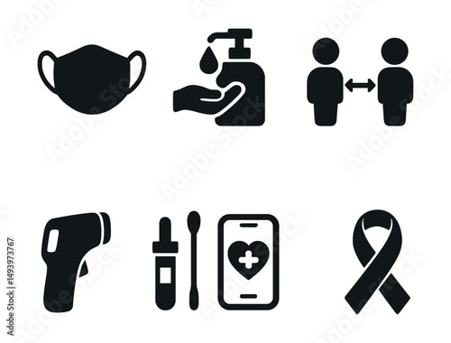 Health and safety silhouette icons set. medical protection and hygiene symbols