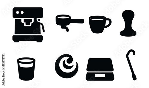 Coffee and barista tools icons set. silhouette cafe and brewing equipment symbols