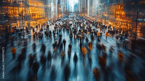 Busy city street with crowds of people walking between tall buildings.