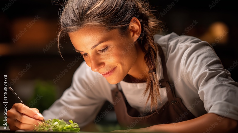 Obraz premium Culinary Artistry: A skilled chef meticulously arranges fresh herbs with a focused expression. The scene exudes culinary skill.