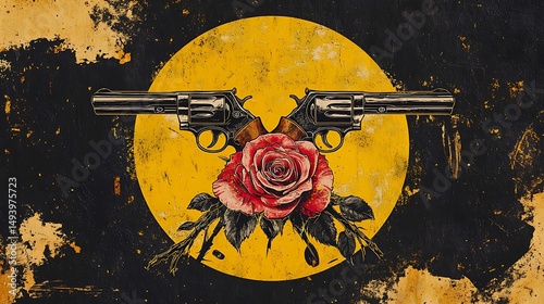 Vintage design with crossed revolvers and a rose.