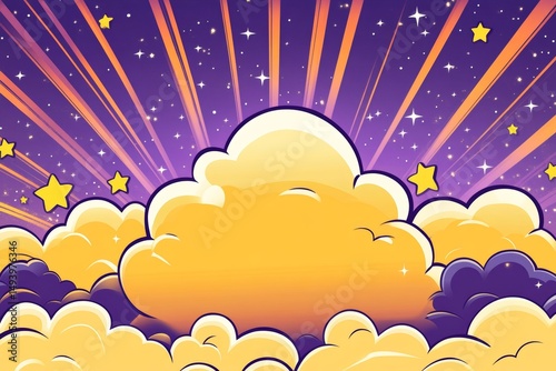 The background is a vibrant purple starburst with a minimalist comic book style yellow cloud speech bubble on it