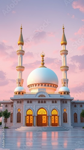 A stunning mosque stands under a glowing sky during dusk reflecting beautiful architecture with domes and minarets perfect for mobile background
