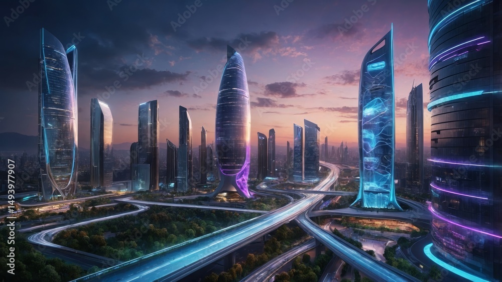 Fototapeta premium A stunning ultra-modern smart city with futuristic skyscrapers illuminated by neon blue and purple lights. Autonomous electric vehicles glide smoothly on elevated highways, while pedestrians interact