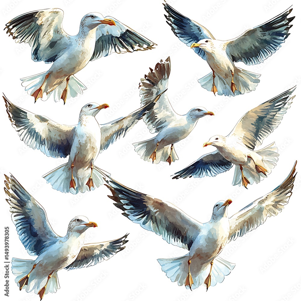 Obraz premium Seagulls in flight watercolor photo collection