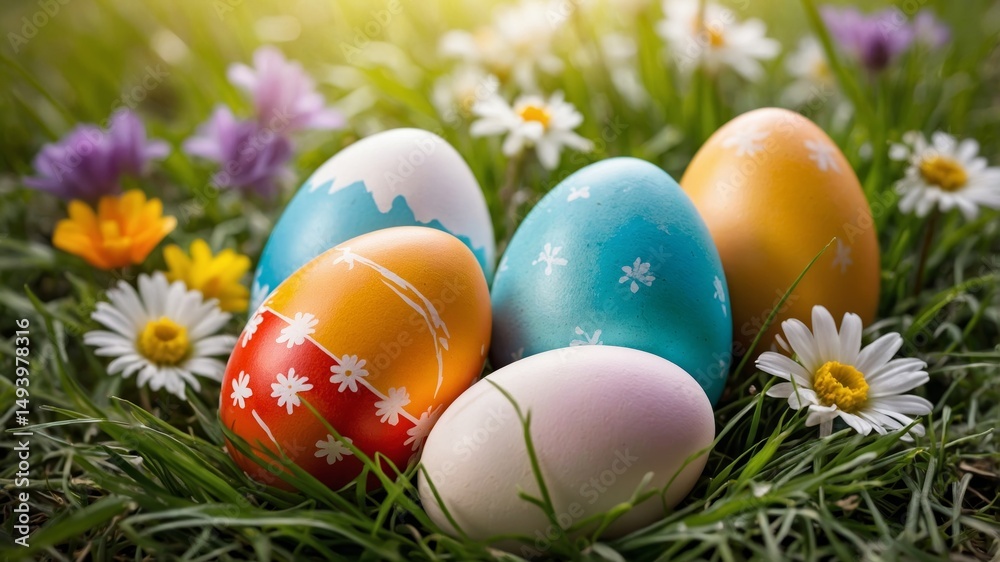 Fototapeta premium Colorful Easter eggs in fresh spring grass, delicate flowers blooming, soft sunlight casting a golden glow, high-resolution photography