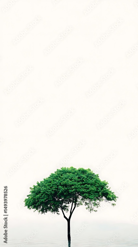 Fototapeta premium Single vibrant green tree in water with white background simple modern design photography