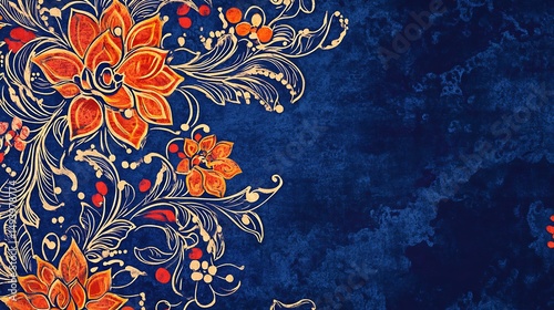 Ornate floral design on a textured blue background.
