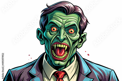 Cartoon zombie businessman stalking white isolated background