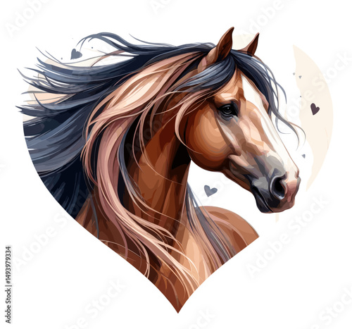 Horse. Heart. Horse head.  Portrait. Watercolor style. Isolated on a white background. Banner. Vector illustration, AI