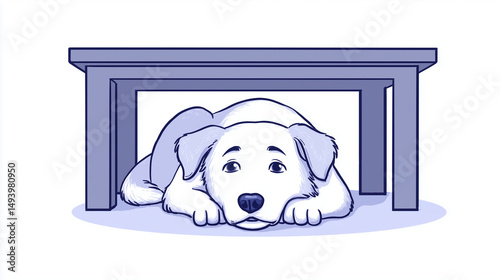 Dog lying under table with a worried expression in an illustrated style  