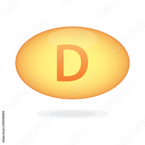 Vitamine D supplement capsule golden icon, gelatin shell. Shiny golden essence capsule. Medicine pill with letter vitamin D symbol. Beauty treatment nutrition skin care design. Vector illustration