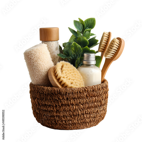 Spa and Wellness Collection: Basket with bath accessories, brush, loofah, bottle, and plant.