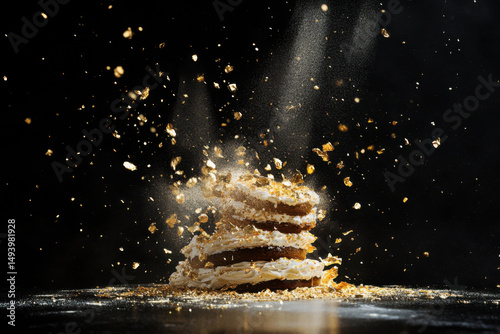 Delicious cake exploding with gold flakes on black background