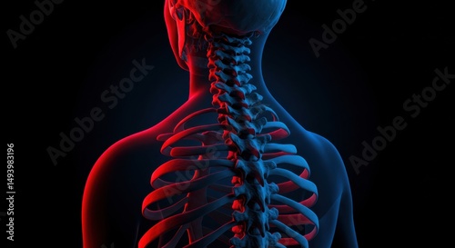 Detailed Illustration of Human Spinal Column with Muscles and Vertebrae Highlighted in Red and Blue