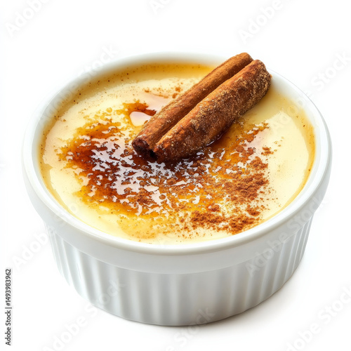 A close-up of a creamy Catalan cream dessert, a Spanish version of crÃ¨me brÃ»lÃ©e, with a smooth and creamy custard base, infused with citrus zest and cinnamon, topped with a crispy caramelized sugar