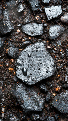 Rich compost texture displays moisture retention after a rainfall, highlighting organic material and granular components photo