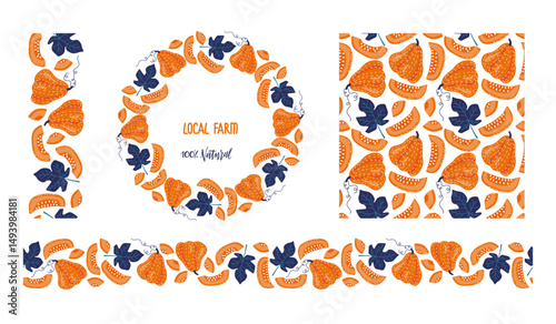 local Farm. Orange Pumpkin vegetables and leaf Frame and seamless patterns for advertising and packaging. Vector Summer ore Autumn Repeated background for textile, fabric, paper, wallpaper, packaging