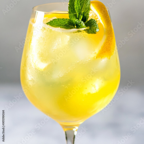 A close-up of a refreshing limoncello spritz cocktail, a modern Italian twist on the classic spritz, made with limoncello (a lemon liqueur), Prosecco, and a splash of soda water, served in a large