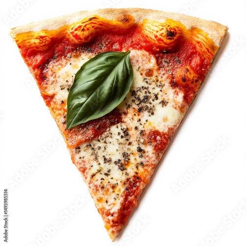 A perfectly charred slice of Neapolitan pizza with a thin, chewy crust, fresh tomato sauce, creamy mozzarella, and aromatic basil leaves. A wood-fired classic. Isolated on clean white background