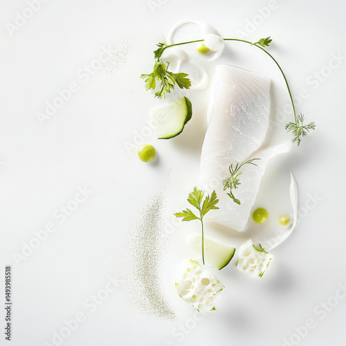 A monochromatic presentation in white: white fish, white sauce, white vegetables, arranged to create subtle variations in texture and shade, showcasing the elegance and purity of a unified color
