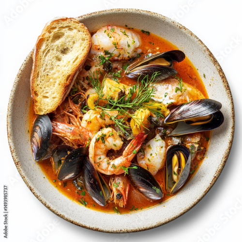 A plate of bouillabaisse, a classic French fish stew, originating from the Mediterranean coast, made with a diverse selection of fresh seafood, such as fish fillets (such as red mullet, sea bass, and