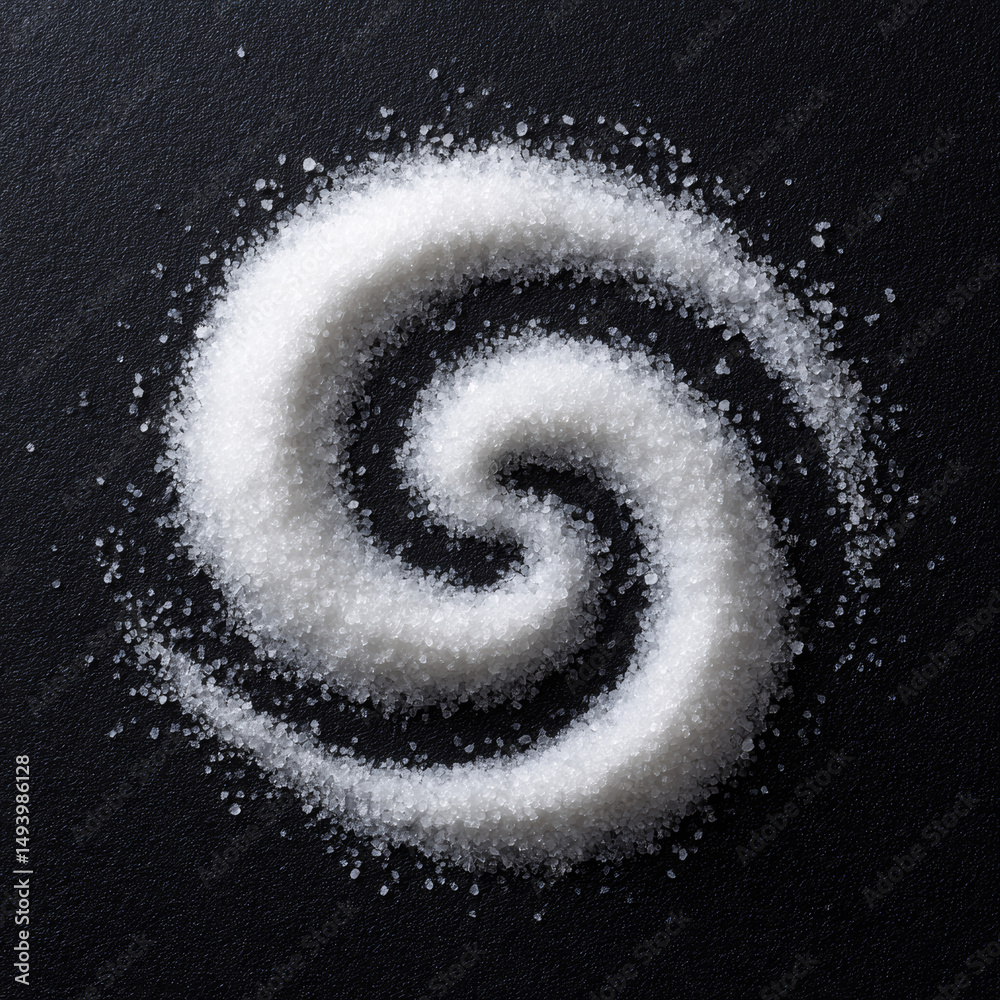 Fototapeta premium Spiral Trail of Coarse Sea Salt Crystals on Black Background – Abstract Culinary Texture Concept 