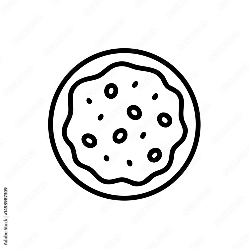 Fototapeta premium Outline of a pepperoni pizza on a circular plate, icon, vector 