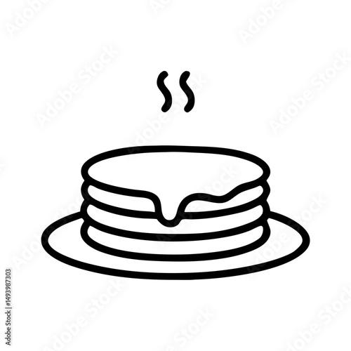 Steaming pancakes served on a plate with syrup drizzle, icon, vector  