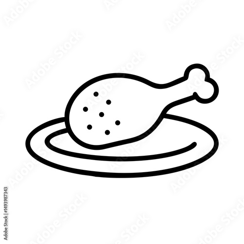 Fried chicken leg on a plate in simple line art style, icon, vector  