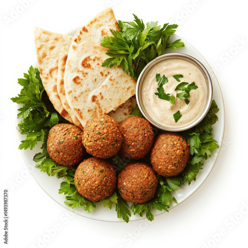 A platter of freshly made falafel balls, deep-fried to a crispy golden brown, served with a side of creamy tahini sauce and fresh pita bread. A delicious Middle Eastern favorite. Isolated on clean