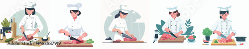female chef vector slicing meat
