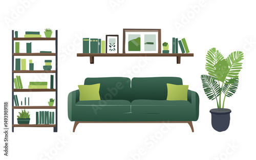 green sofa with decorative shelves and plants