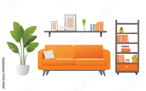 cozy living room with orange couch and decor
