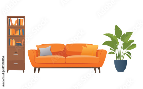 orange sofa with tall wooden bookcase