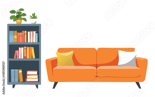 reading corner with orange couch and books