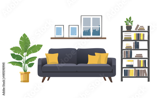 stylish living room with black couch and pictures